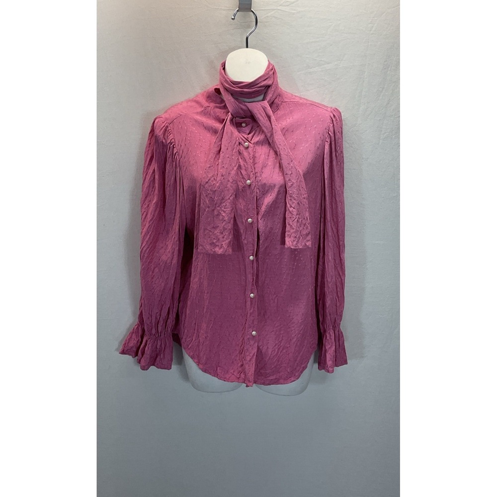 Sister Jane pink Blouse Pearl button Detail LG Neck‎ tie smocked cuff office